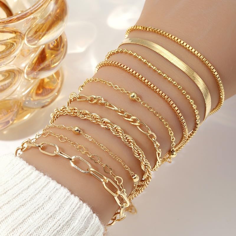 HASTHIP® Pulseras Mujer Set 10 Piezas Oro, Pulseras Doradas Finas Ajustables, Joyería de Moda Acero Inoxidable, Brazalete Cubano y Cadena Paperclip, Accesorios Elegantes Regalos Cumpleaños