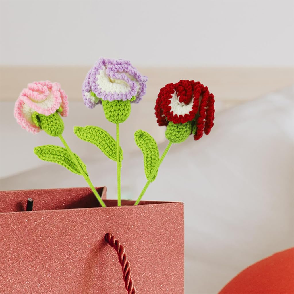 HASTHIP® 3Pcs Handmade Crochet Carnation Flowers for Home Decor Dual Color Crochet Carnation Flowers 16.53" Handmade Crochet Carnation Flowers