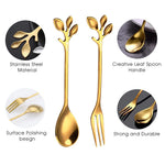 HASTHIP Coffee Spoon and Dessert Fork Set for Tea and Appetizers with Leaf Design | 4 Pcs 4.7 in Stainless Steel Gold Tableware