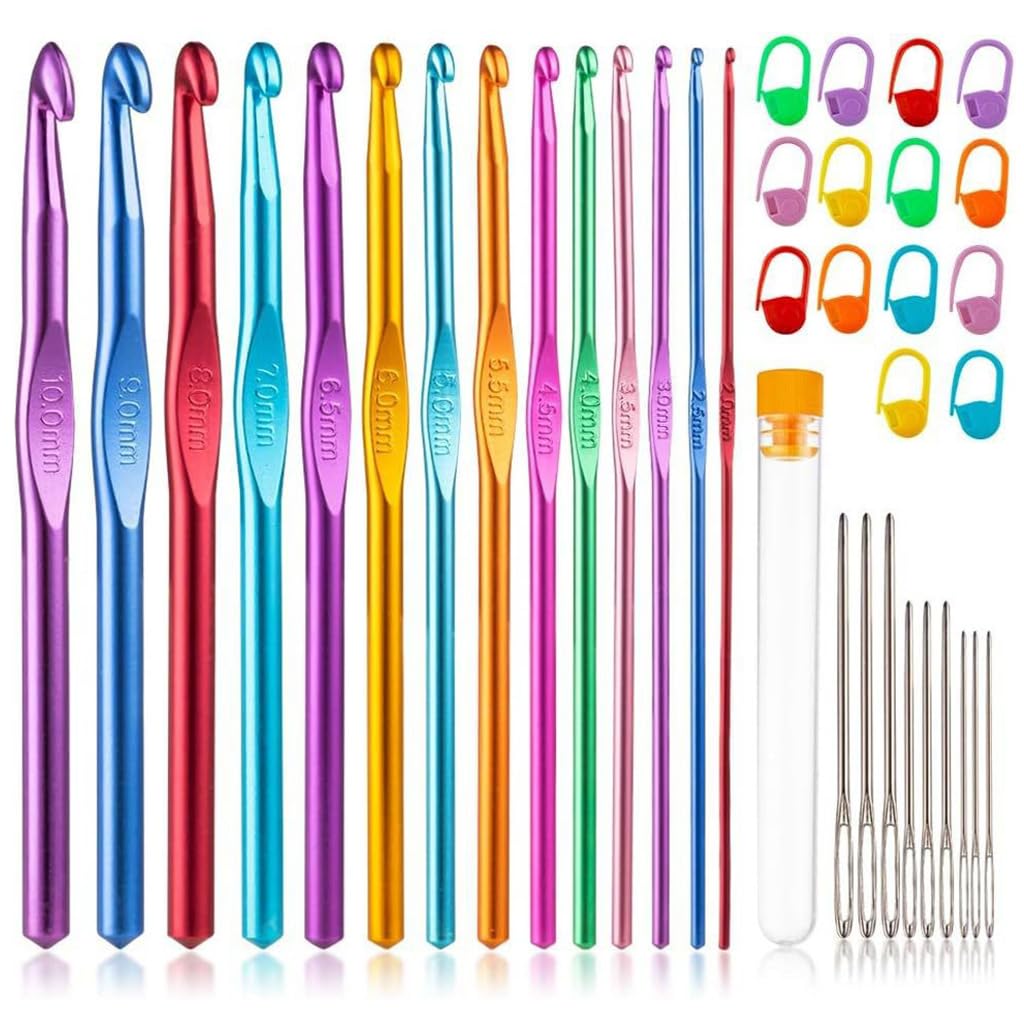 37PCS Crochet Hooks Set, Ergonomic Handle Crochet with Stitch Markers and Large-Eye Blunt Needles, Multicolor Aluminum Crochet Hooks Knitting Needles for Arthritic Hands