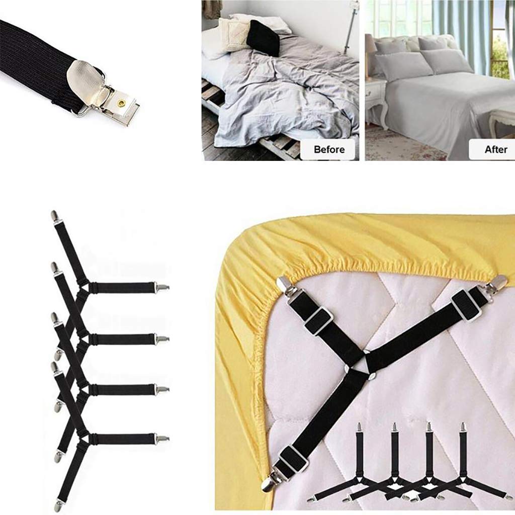 Adjustable Bed Sheet Holder Straps and 3 Way Mattress Cover Holder Fasteners, Bed Sheet Keeper with Heavy Duty Grippers Clips, Triangle (4pc/Set, Free Size, Black)