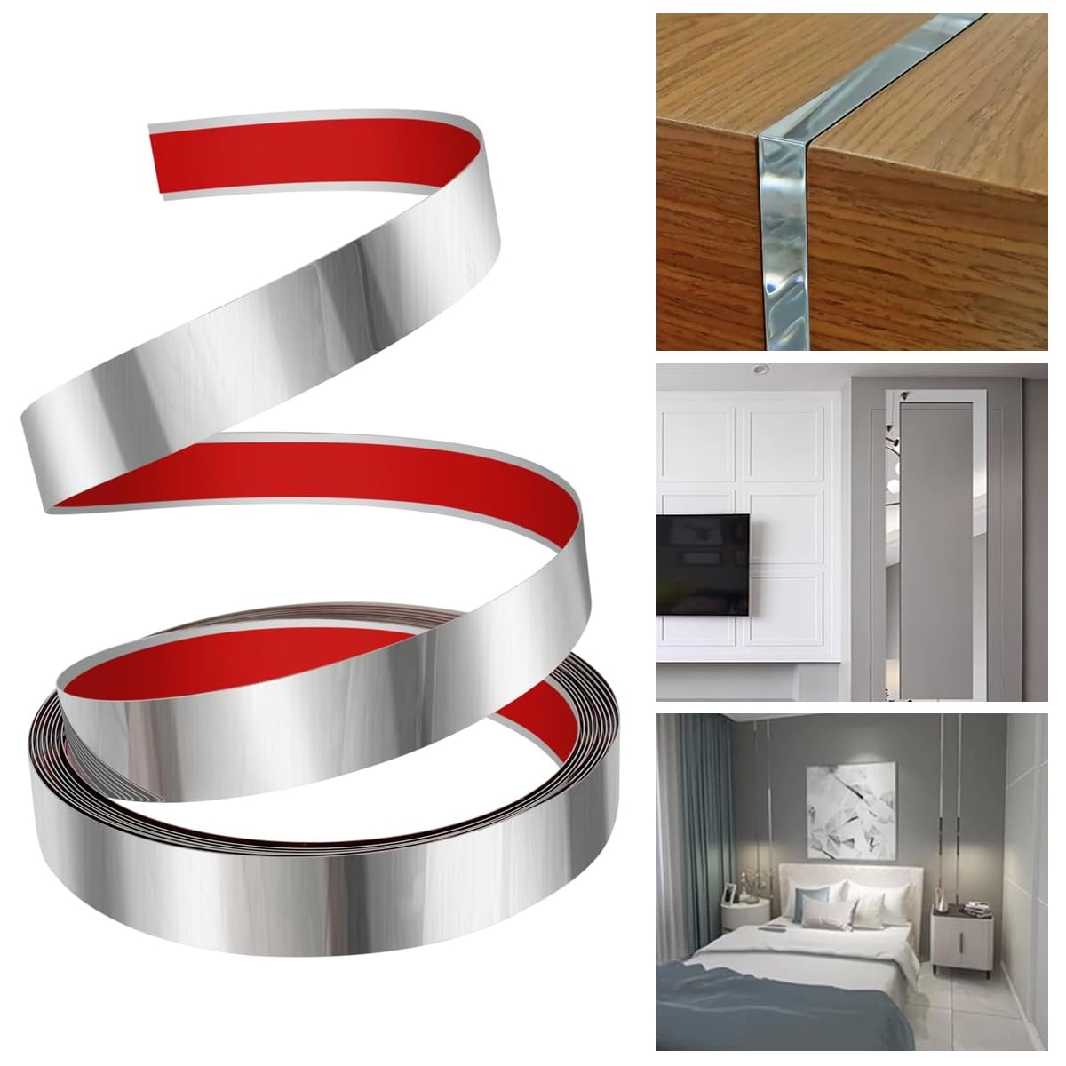 HASTHIP Silver Metal Wall Trim for DIY Décor with Self Adhesive 16.4ft Strip | 201 Stainless Steel Mirror Finish