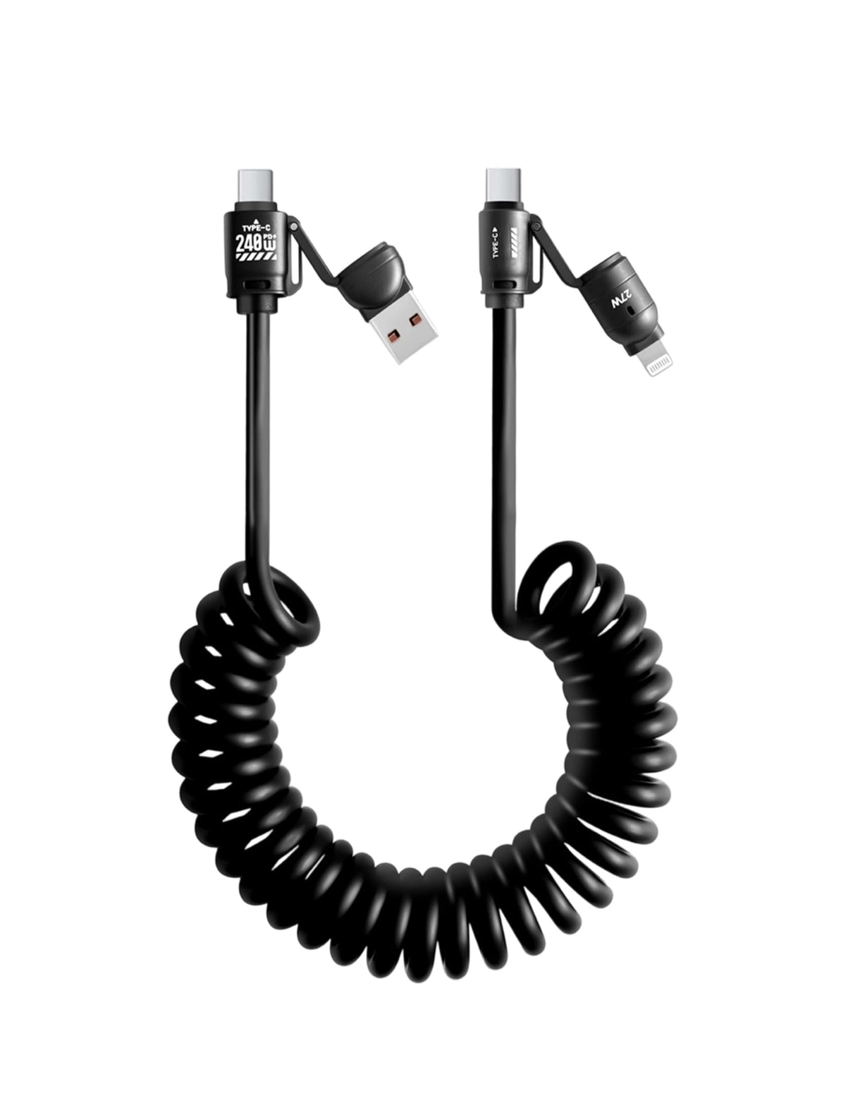 HASTHIP® Cable de Carga Retráctil 4 en 1 240W,USB-C de Aleación Zinc con PD27W/65W,Cable Enrollado 2M Trenzado Compatible con Laptop Android CarPlay y CarLife