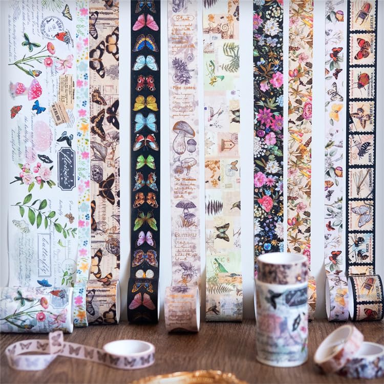 HASTHIP Vintage Washi Tape for Scrapbooking with 18 Rolls 6 Sizes and Gold Silver Foil | Writable Floral Butterfly Design
