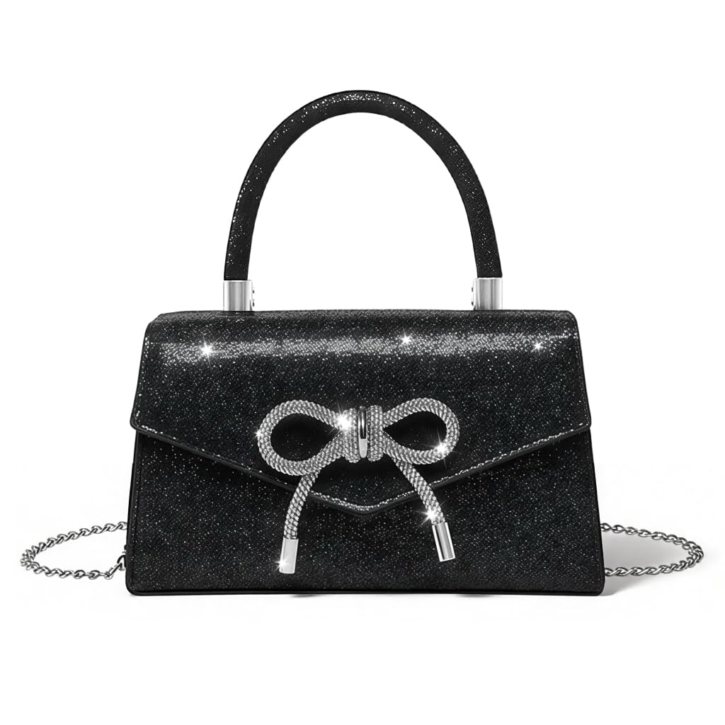 HASTHIP® Bolso de mano elegante para mujer,bolso de noche con lazo brillante,clutch fiesta para boda cóctel graduación bolso con purpurina y pedrería negro