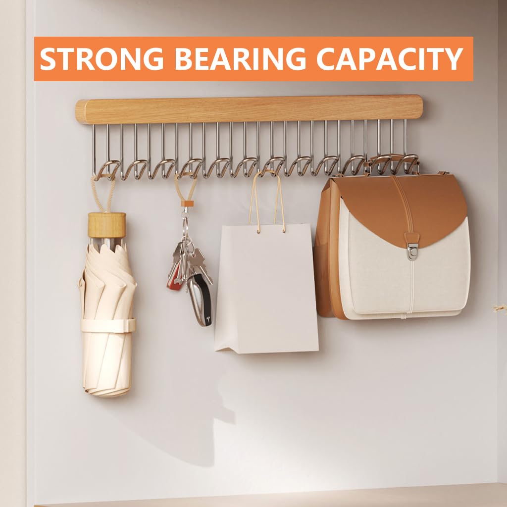 HASTHIP Wooden Hanger for Clothes with 12 Stainless Steel Hooks and Sliding Rack | 41x8cm Wall Mounted Drawer-Free Design