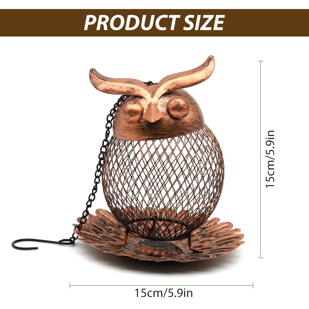 HASTHIP Outdoor Bird Feeder for Garden and Patio with Floral Bottom Tray 14.5x15cm Iron Mesh Owl Design