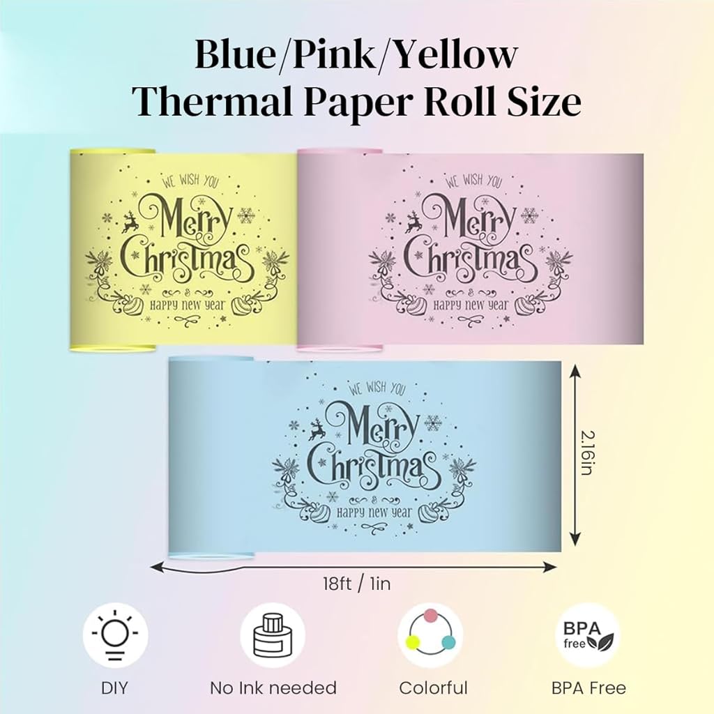 HASTHIP® 3 Rolls Thermal Printer Paper 57x25mm,3 Color Mini Refill Paper Rolls for Portable Bluetooth Receipt and Sticker Printers,High-Quality Smooth Printing 5 Metres Each Roll