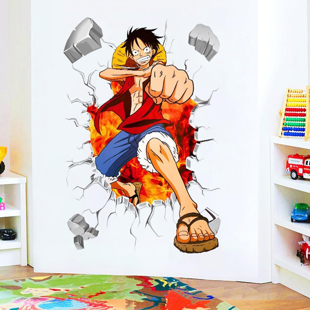 1 Sheet 3D Wall Paper Sticker Anime Onepiece Monkey D Luffy 3D Wall Paper Self Adhesive PVC Wall Paper Removable Cartoon 3D Wall Paper for Kids Room, Bed Room, Living Room, 19.6 x27.5 inches