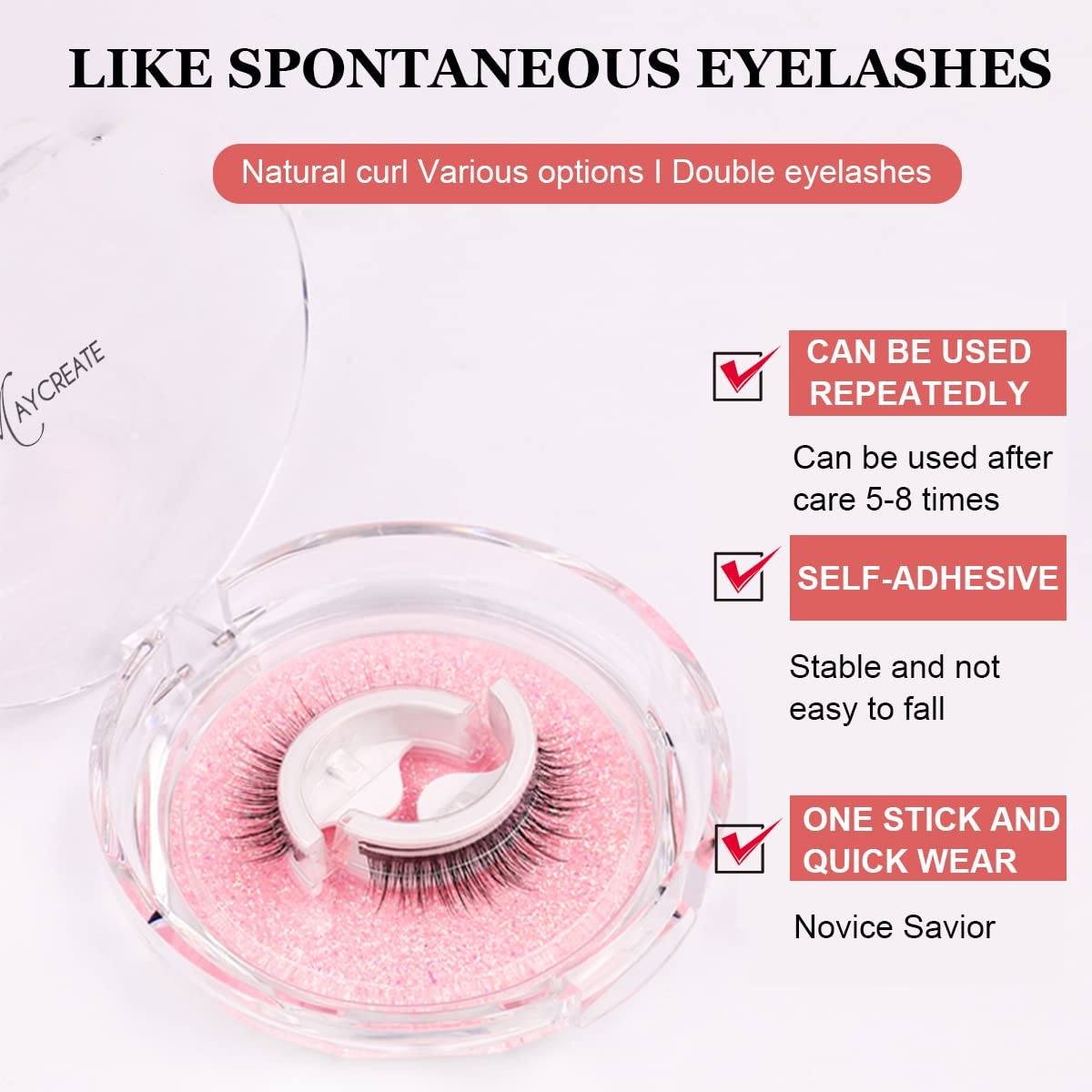 MAYCREATE® 1 Pair Reusable 3D False Eyelashes Natural Look Self-Adhesive Eyelashes Waterproof For Women Black