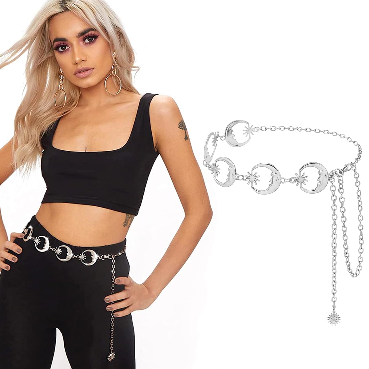 HASTHIP® Cadena de Cintura para Mujeres,Cinturón de Cintura Plata con Diseño Luna y Estrella,Accesorio Metálico Ajustable para Vestidos Blazer Trajes y Jeans Moda Elegante Fiest
