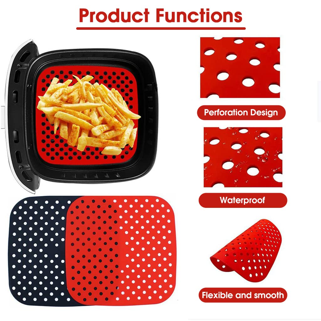 HASTHIP Air Fryer Liners for Easy Cleanup featuring 8.5 in Reusable Food‑Grade Silicone Pads | 2Pcs Red and Black Set