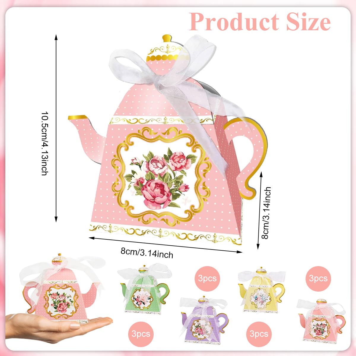 HASTHIP Paper Candy Bags for Party Favors with Ribbon Closure and Floral Teapot Design 12Pcs 3.35x3.35x4.13 in