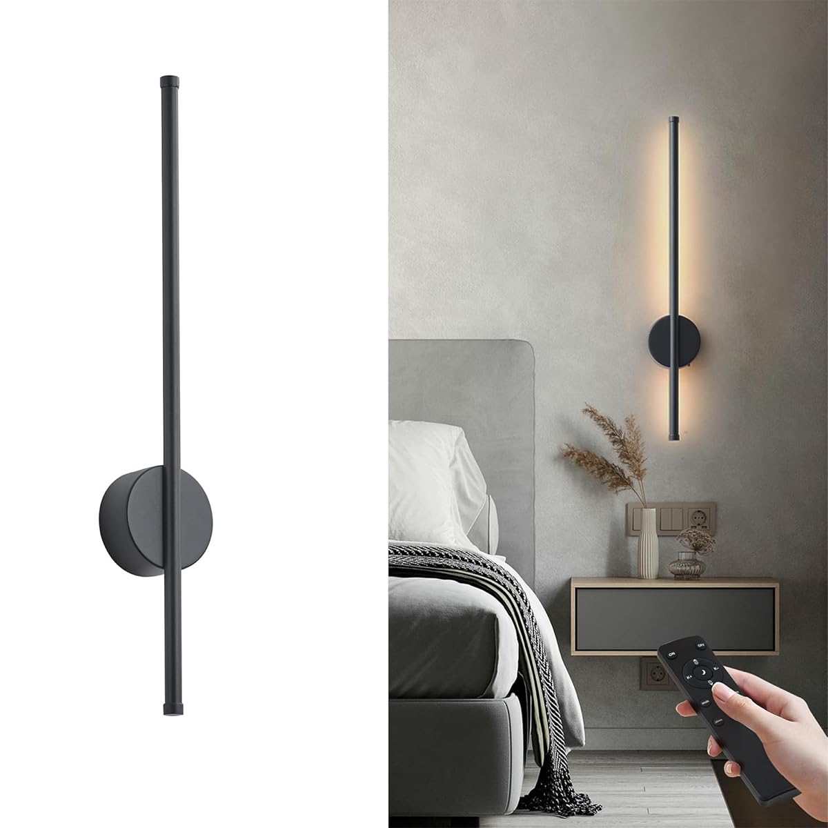 HASTHIP® 3-Color LED Wall Sconce 23.6in Luxury Golden Finish Modern Wall Stick Light Set, Dimmable Wall Lamp with Remote & Touch Control, USB Rechargeable Wall Lamp