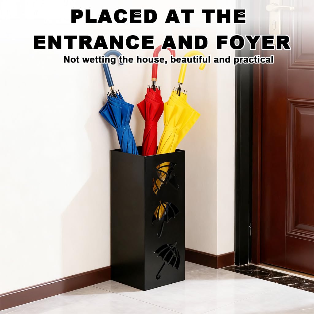 HASTHIP Metal Umbrella Holder Stand for Entryway with 16x16x42 cm Space Saving Design featuring Cut Out Clover Patterns | Black Decorative Indoor Organizer