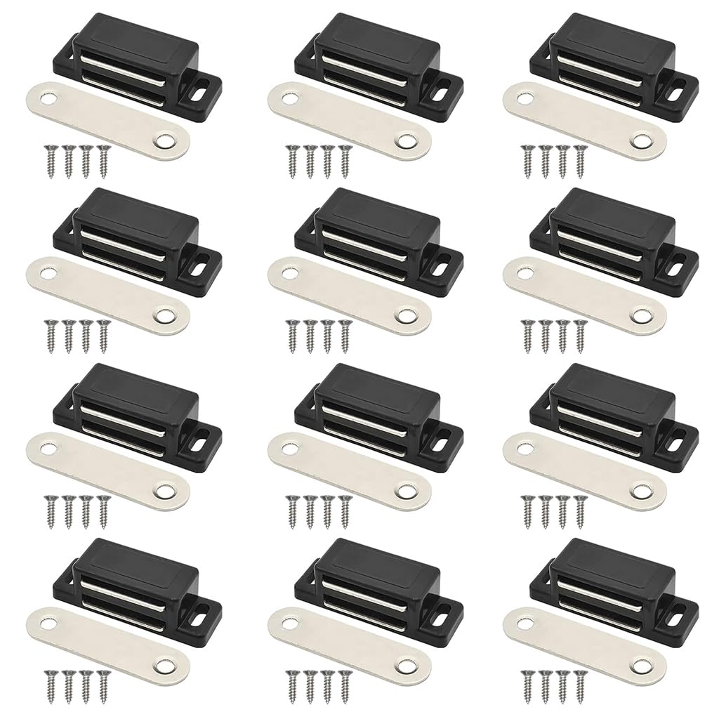HASTHIP Magnetic Door Latch for Cabinets and Drawers featuring 12 Pack 46×15×13 mm Magnets | Plastic and Stainless Steel with Adhesive or Screw Mount
