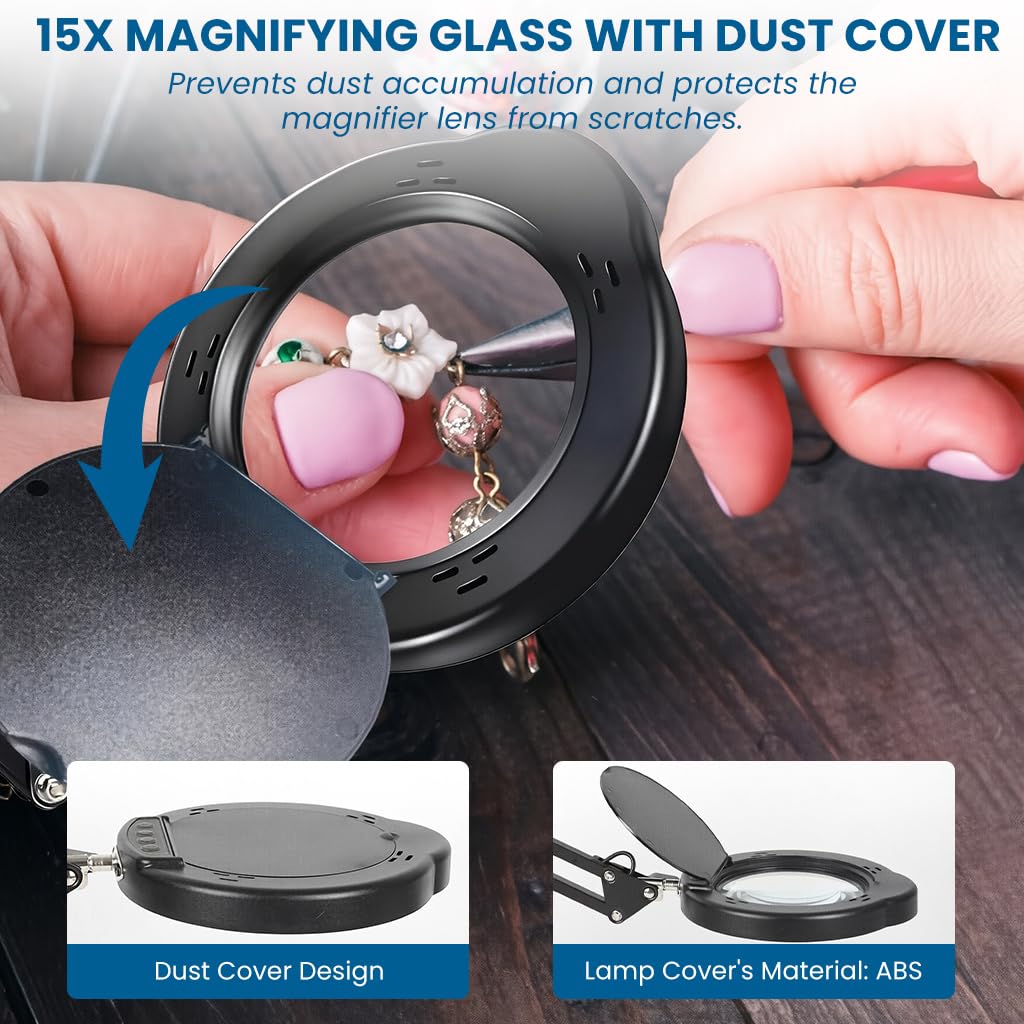 HASTHIP Magnifying Glass for Reading and Craft with 15X 4.2in Glass Lens and Clamp Stand | 5 Color Stepless LED Light