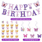 HASTHIP Birthday Party Supplies for Purple Butterfly Theme with 6 Hanging Spirals and 12 Cake Toppers
