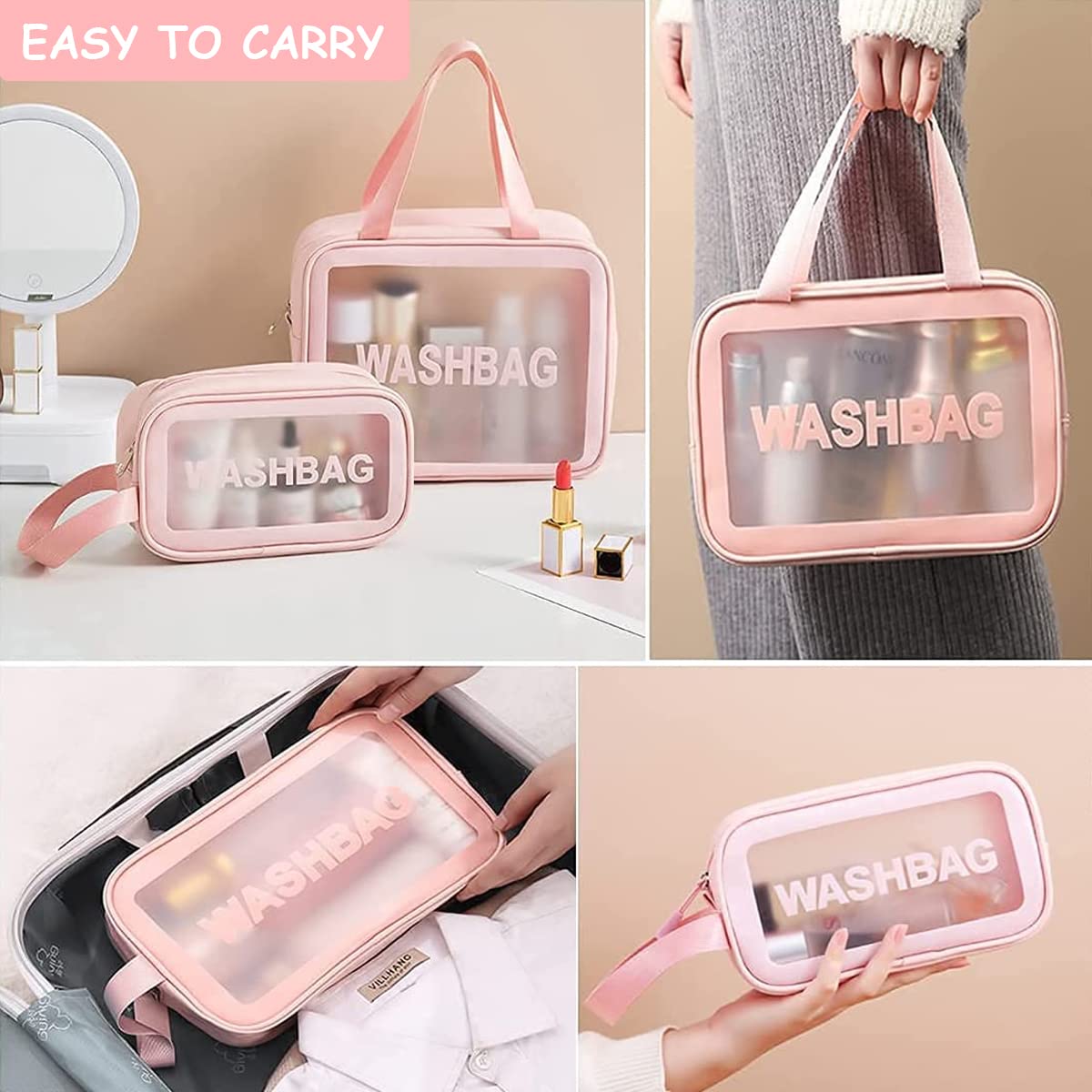 MAYCREATE® 3 Pcs Clear Makeup Pouch Set Cosmetic Organizer Bag for Women and Girls Travel Waterproof Toiletry Storage Kit for Home Travel Use (Pink)