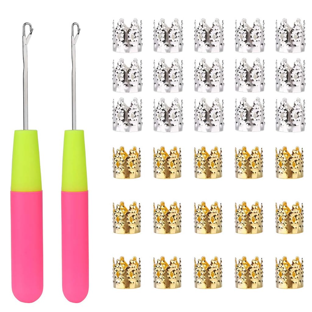 HASTHIP® 2Pcs Dreadlock Crochet Hooks Latch Hook Crochet 0.2in / 0.15in Dreadlock Crochet Hooks with Golden Silver Dreadlock Braids Charms Crown Hollow Out Braids Charms