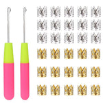 HASTHIP Dreadlock Crochet Hooks Set for Braiding with 2 Sizes and 30 Crown Charms | Gold & Silver