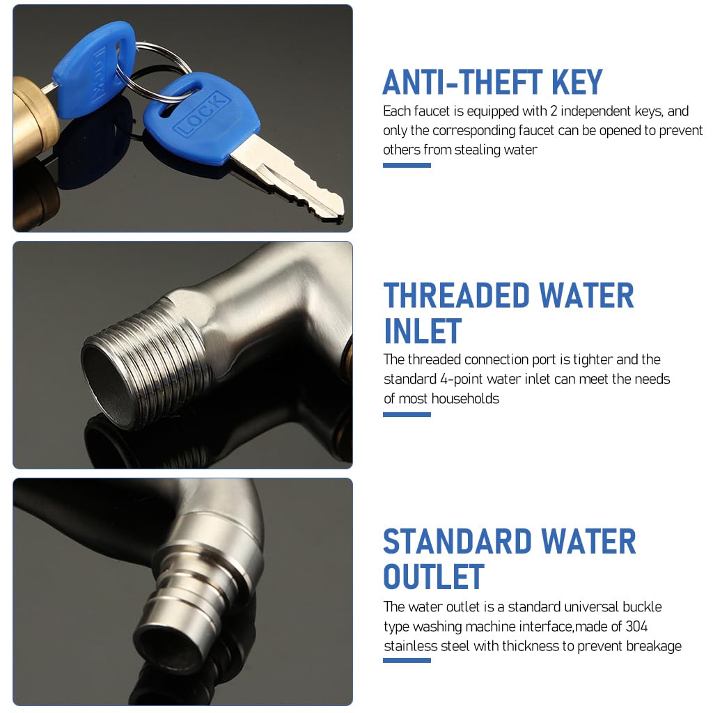 Washing Machine Tap with 2 Copper Keys, 1/2" Thread Water Tap Lockable Faucet, Faucet Locks Outdoor, Washing Machine Taps with Wall Flange for Bathroom/Kitchen, Chrome-Plated Copper