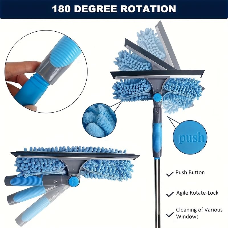HASTHIP® 20 ft Reach Squeegee Window Cleaner Duster 2 in 1 Rotatable Window Cleaning Tool Kit with 3-14 ft Extension Pole,Washing Equipment for Indoor Outdoor Car Glass-Blue