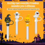 HASTHIP Halloween Silicone Straw Caps for 10mm Reusable Straws featuring Pumpkin and Ghost Designs