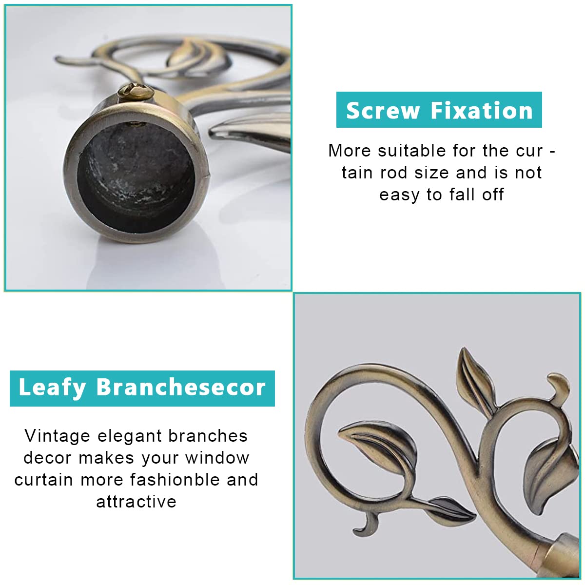 HASTHIP Curtain Rod Finials for 20–22.5mm Rods with Leaf Branch Design in Brass | Set of 4