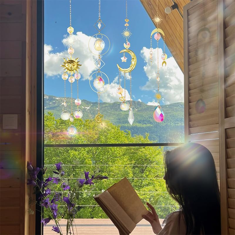 HASTHIP Crystal Sun Catcher Set for Home Decor with 4 Hanging Charms | Reflective Ornaments for Windows and Rooms