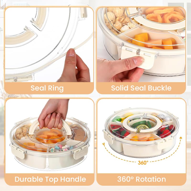 HASTHIP® 11 inch Divided Serving Tray with Lockable Lid & Folding Handle, 360 ° Rotation, 6-Compartment Food Container Food Platter for Serving Fresh Fruits, Dry Fruits, Mixed, Nuts, Snack