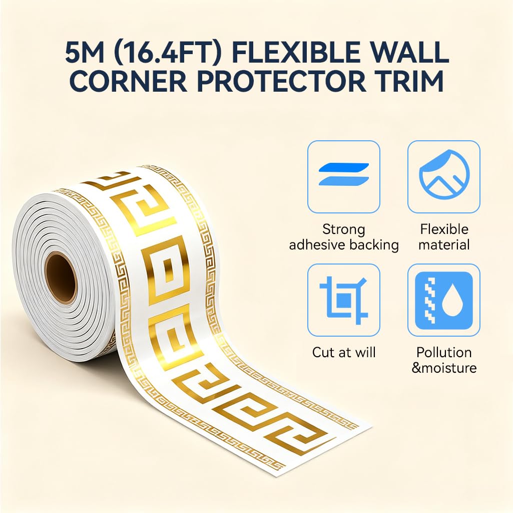 HASTHIP Skirting Line Stickers 16.4ft for Wall Corners with Waterproof PVC & Greek Key Pattern Trim