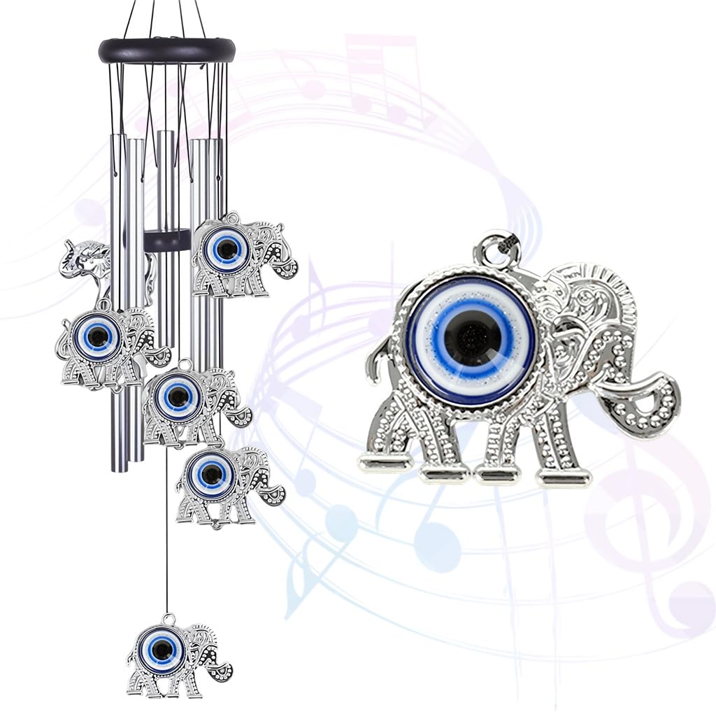 HASTHIP Evil Eye Elephant Wind Chimes for Home Décor with 25 in Aluminum Tubes | Blue Charm for Positive Energy