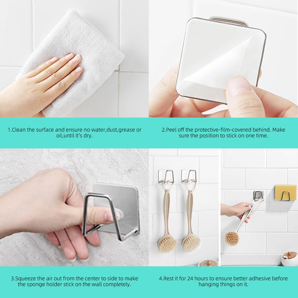 HASTHIP® 2Pcs Self Adhesive Sponge Holder Sink Caddy for Kitchen Sink, 304 Stainless Steel Scrubber Hanger Caddy Accessories forKitchen Accessories, Sliver