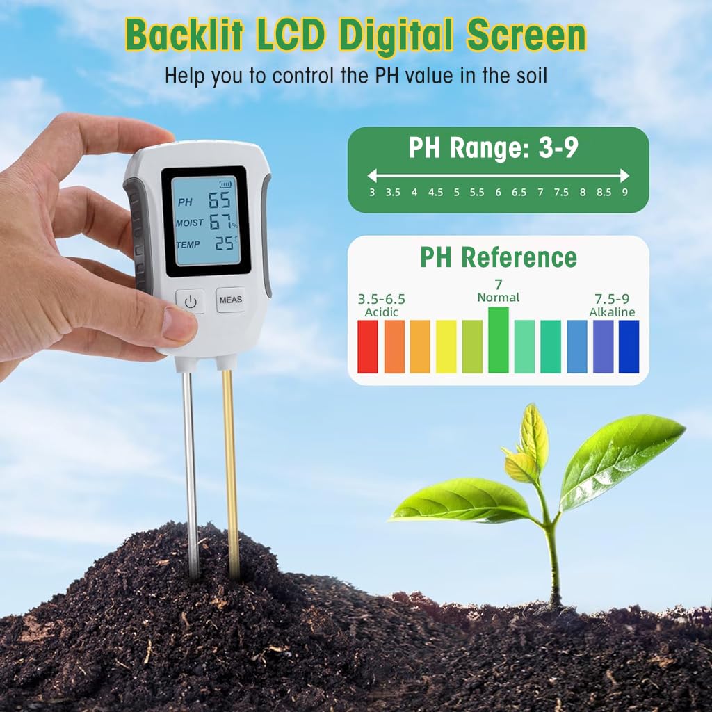 HASTHIP Soil Meter for Gardening with Dual Probes and LCD Display | Measures Moisture pH and Temperature -10°C to 90°C