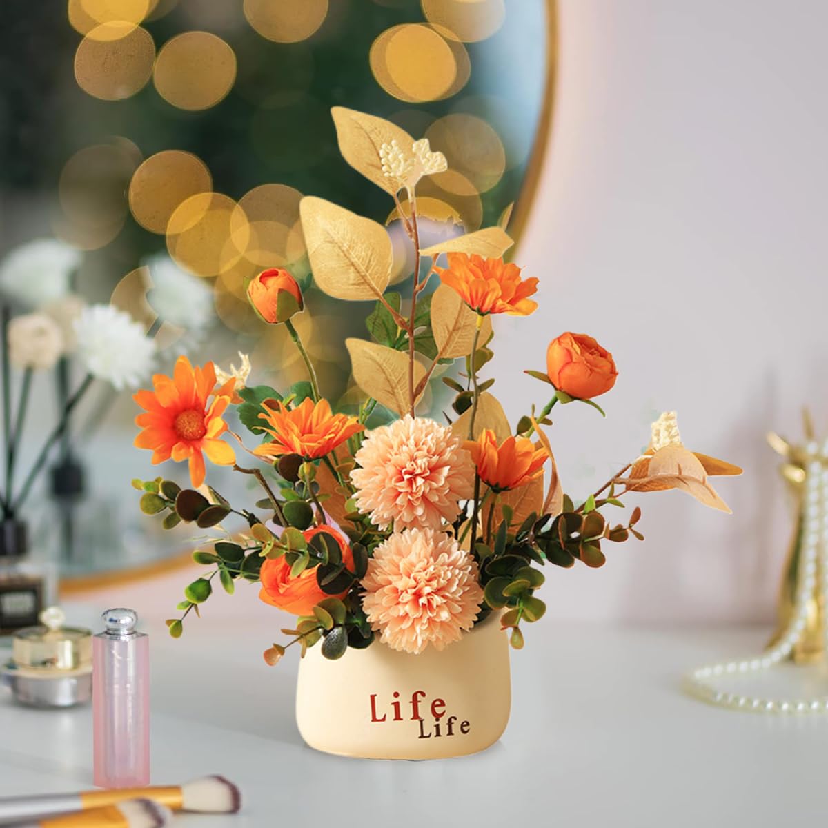 HASTHIP® Realistic Rose Flower Ornament Ceramic Flower Pot Decoration Realistic Rose Flower Home Decoration 10.6 Inches Office Desk Artificial Flower Ornament for Home Office