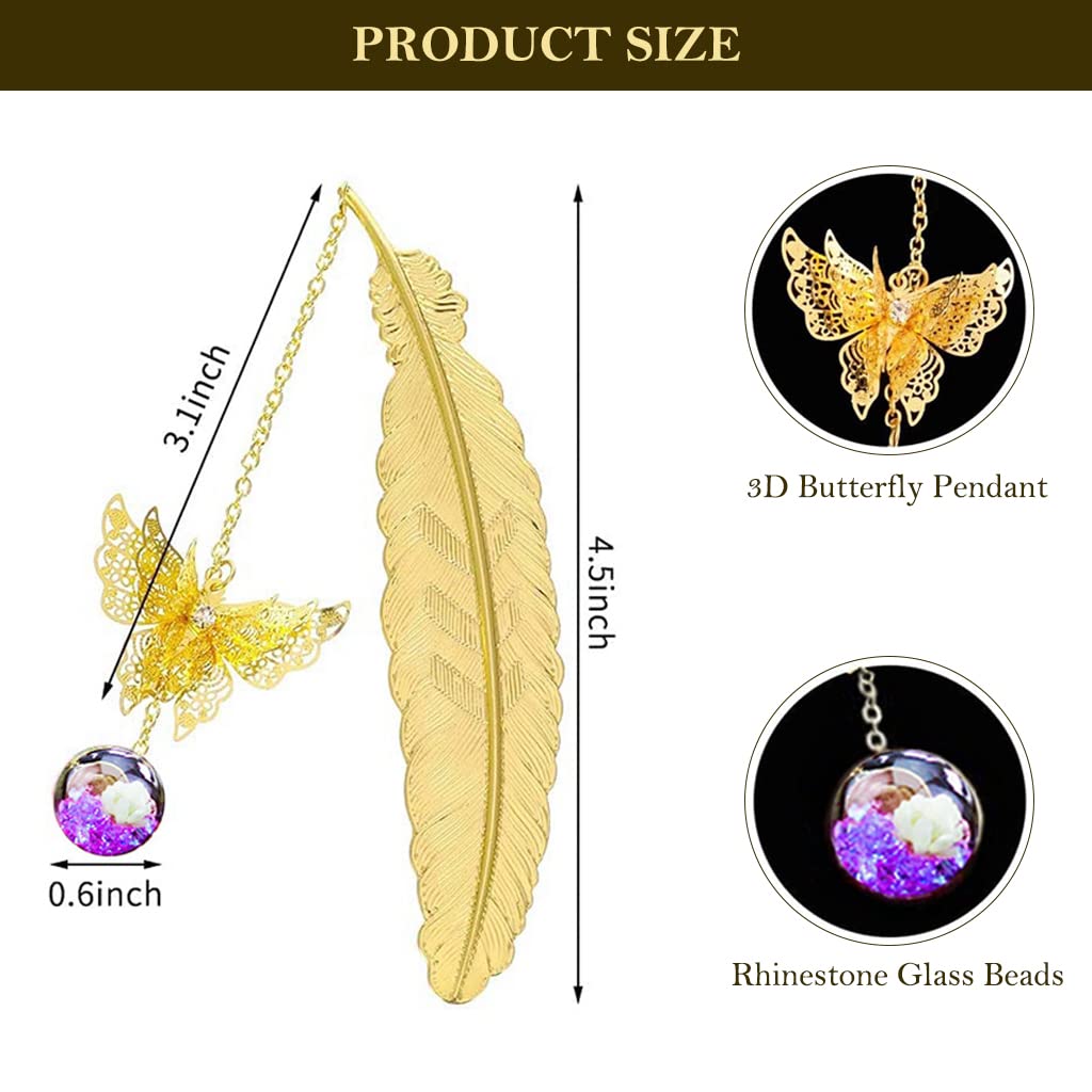 Supvox® Metal Feather Bookmark with Glass Beads Pendant, Vintage Feather Butterfly Bookmark for Reading Enthusiasts and Gifting, Bookmark Gift for Teachers Women Student, Random Color Flowers (Purple)