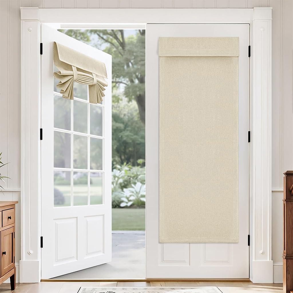 HASTHIP® Cloth Sun Shade Privacy Curtain for Glass-Panel Door, Removable Hook and Loop Design, Roll-up Polyester Blackout Door Curtain for Glass Panel Door, Beige Privacy Sun Shade Home Decor, 26x68''