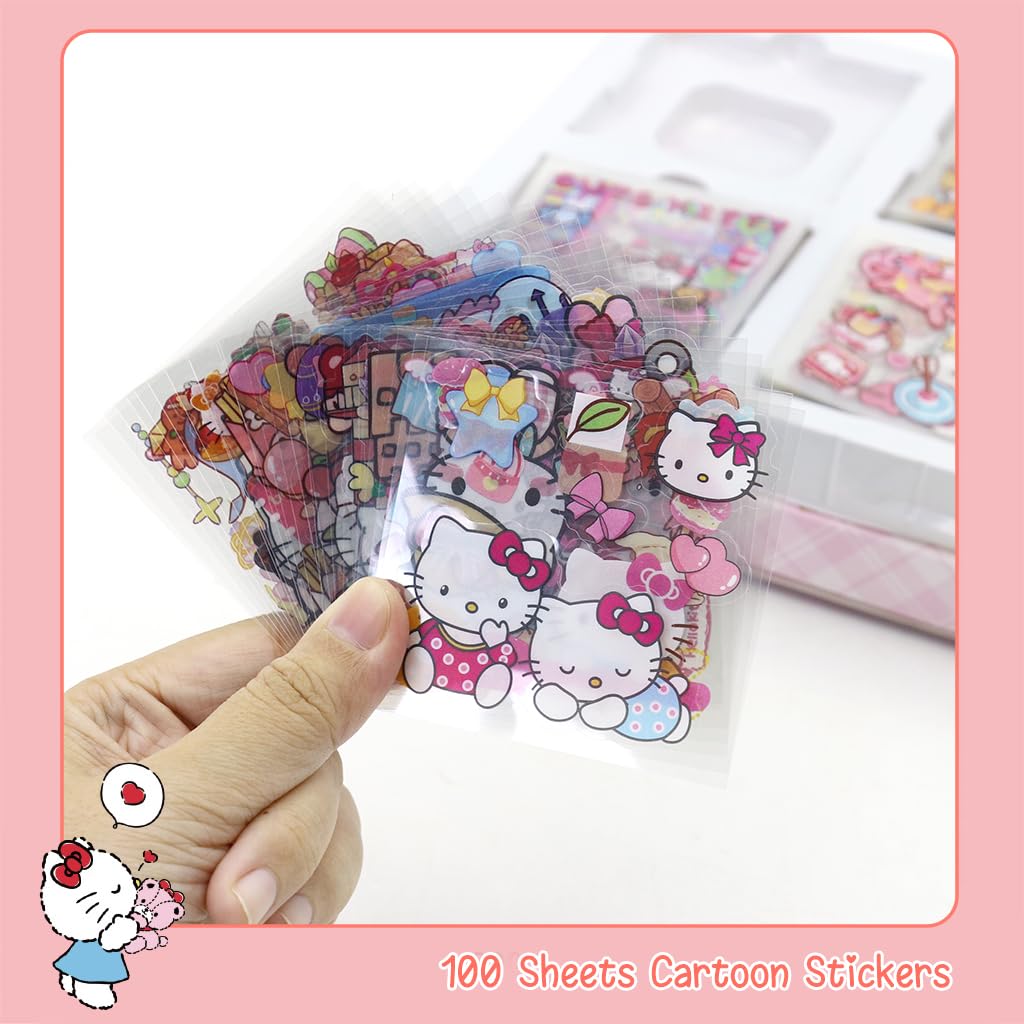 HASTHIP® 100Pcs Cute Cartoon Stickers PET Hello Kitty Sticker & Washi Stickers Set DIY Scrapbooking Kawaii Hello Kitty Stickers for Phone Case, Laptop Cover, Kids Water Bottle