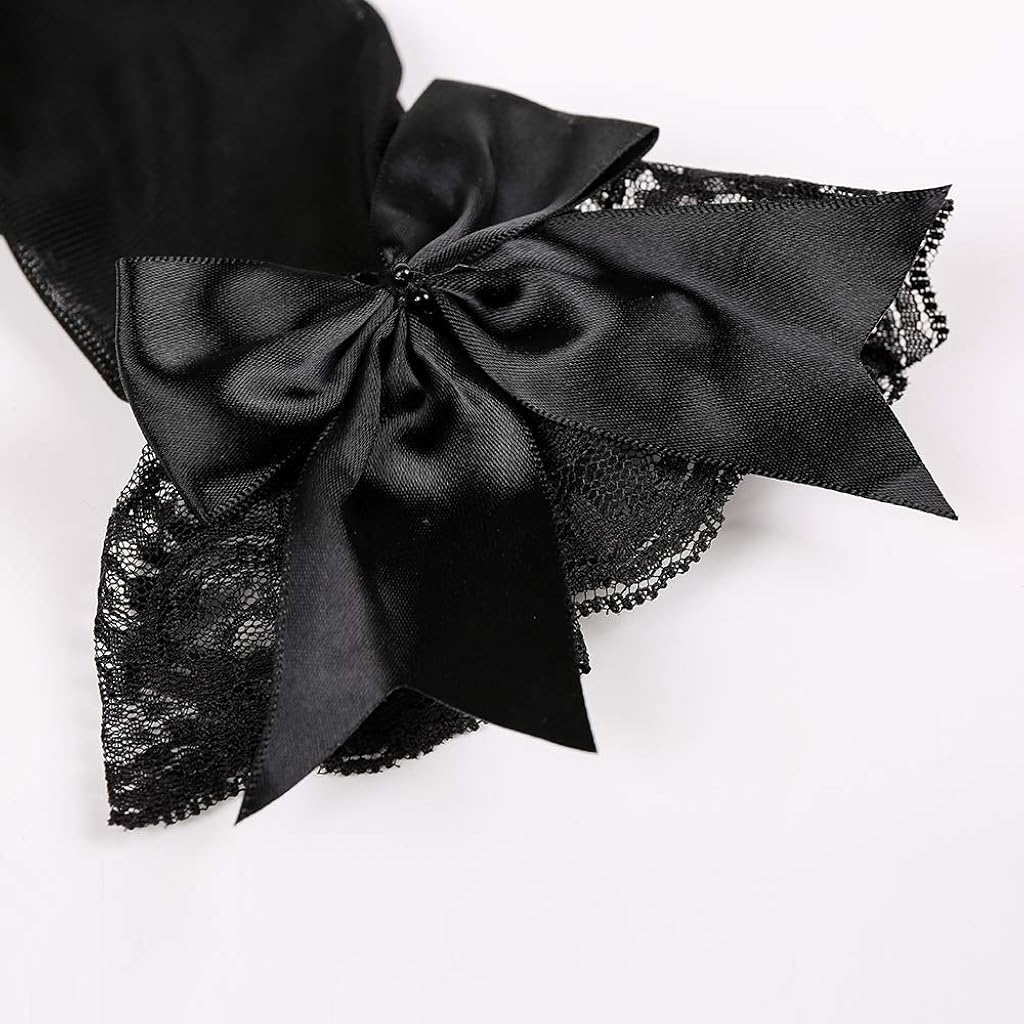 HASTHIP® Guantes de Encaje para Mujer,Guantes Cortos Elegantes de Fiesta,Novia Negros con Lazo para Boda Ópera Baile y Ceremonia