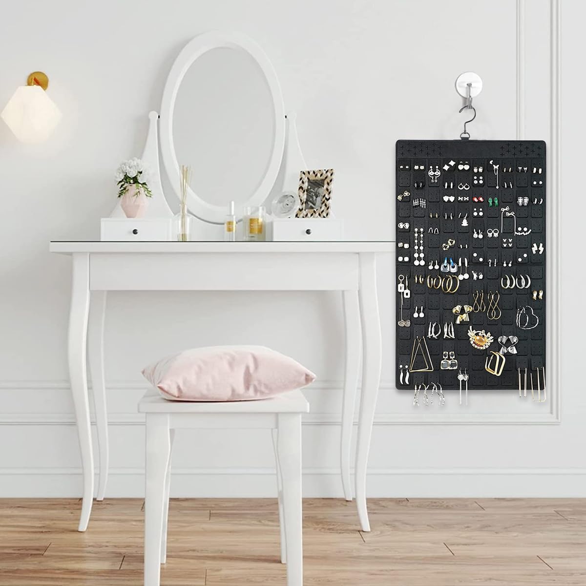 HASTHIP Hanging Jewellery Organizer for Closet and Wall with Dual Sides | Holds 300 Pairs and 30 Necklaces Black