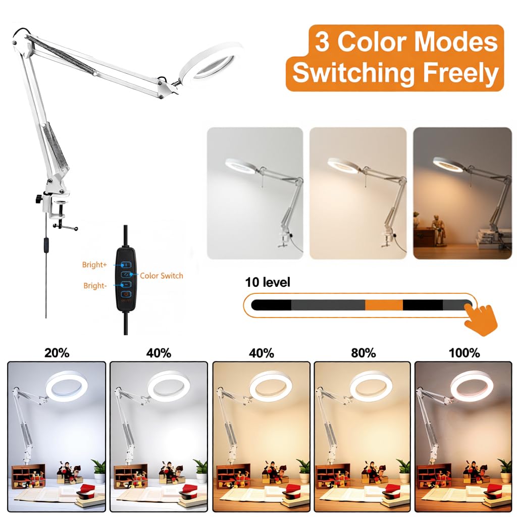 HASTHIP Desk Magnifying Glass for Crafting and Electronics Repair with 5X Lens featuring USB LED Light and Flexible Metal Arm | Screw Fix Mount