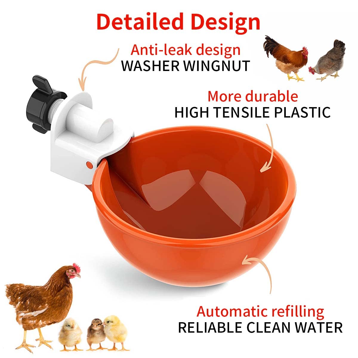 HASTHIP Chicken Drinking Cup for Barrel Feeders with Auto Refill Mechanism Set of 5 | Plastic Poultry Waterer