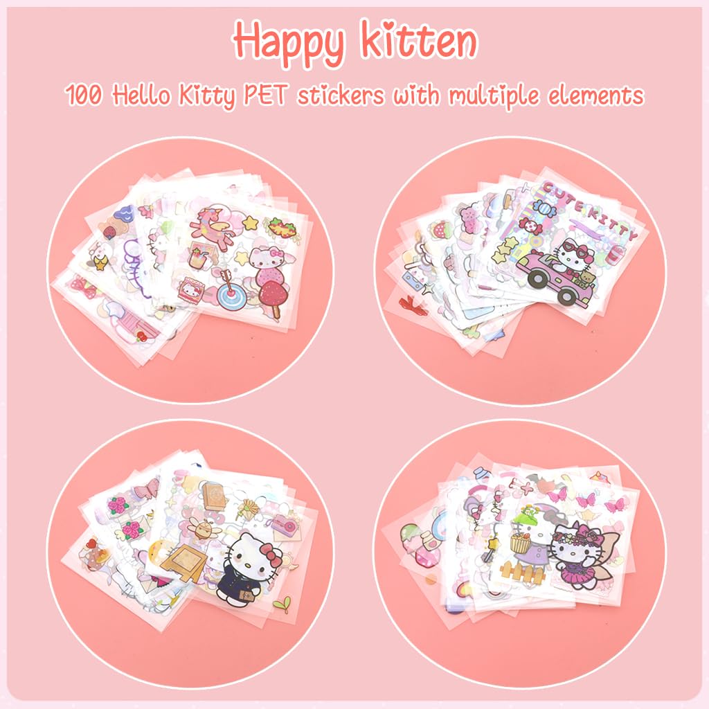 HASTHIP® 100Pcs Cute Cartoon Stickers PET Hello Kitty Sticker & Washi Stickers Set DIY Scrapbooking Kawaii Hello Kitty Stickers for Phone Case, Laptop Cover, Kids Water Bottle