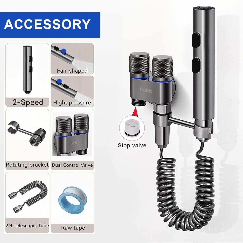HASTHIP Toilet Spray Gun Kit with Dual Valve Controls and Spring Coiled Hose | Stainless Steel