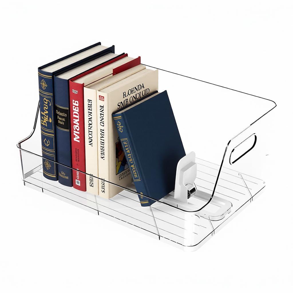 HASTHIP® Desk Book Stand Organizer 35x25x15cm, Book Stand with Built in Sliding Anti-flip Stopper & Lifting Handle, Minimalist Clear Book Storage Case Desk Organizer for Office, Dorm & School