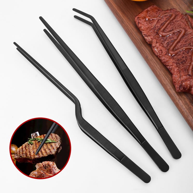 HASTHIP® 3 Pcs 12Inch Cooking Tweezers Tongs Precision Serrated Tips, Stainless Steel Professional Chef Tweezer Kitchen Tools