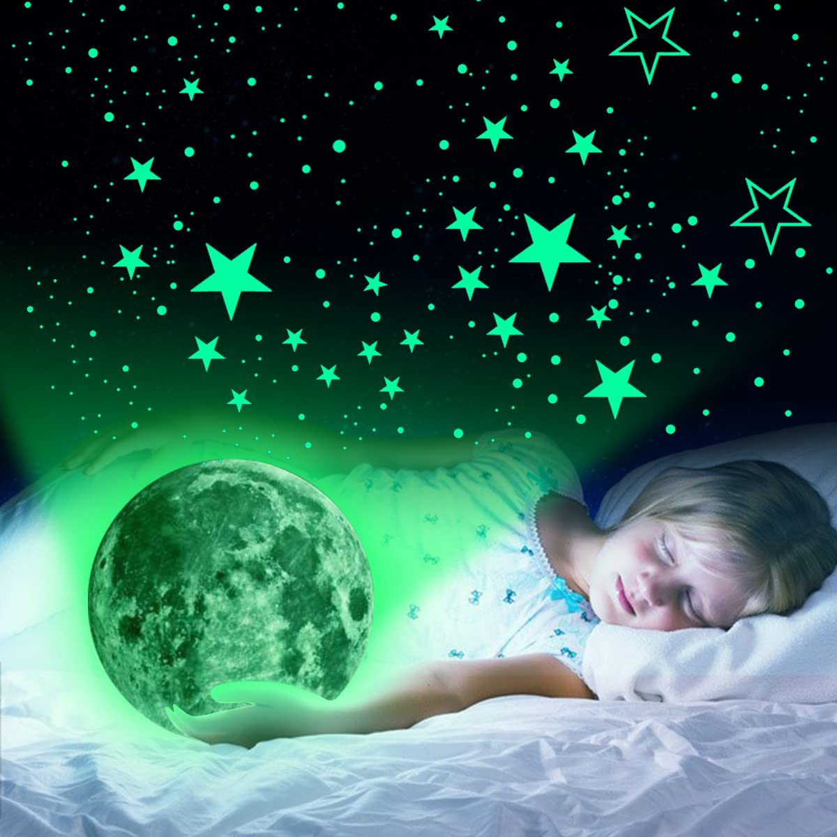 HASTHIP 3D Luminous Wall Stickers for Kids Room with 30cm Moon and 435pcs Stars | Waterproof PVC Night Glow Decoration