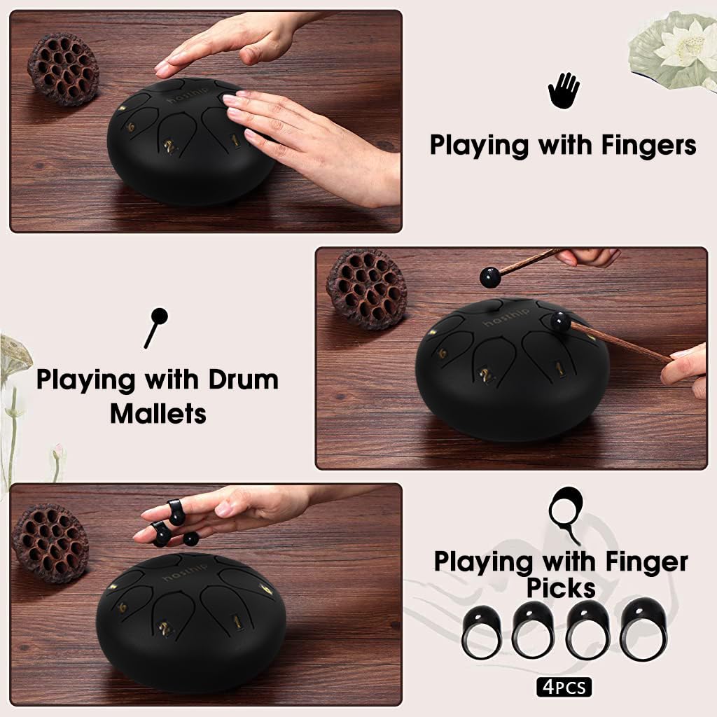 HASTHIP Steel Tongue Drum for Meditation and Yoga featuring 8 Notes 6 inch Titanium Alloy | Black