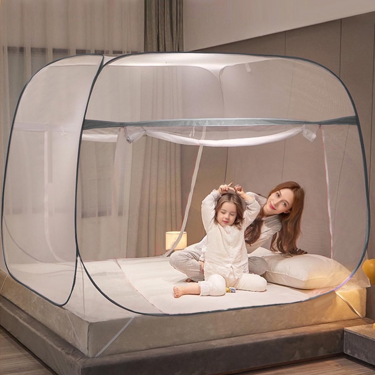 HASTHIP Pop Up Mosquito Net Tent for Double Bed with Dual Zip Doors and Mattress Straps | 200×150×150 cm Breathable Mesh Blue